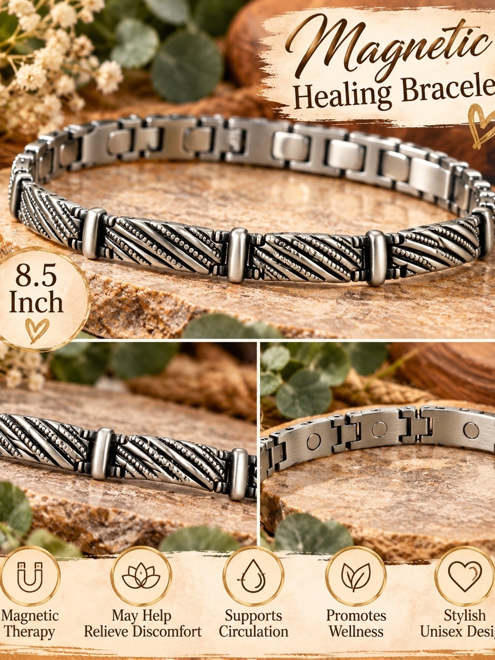 Magnetic Healing Bracelet Silver-Tone Textured Link Bracelet